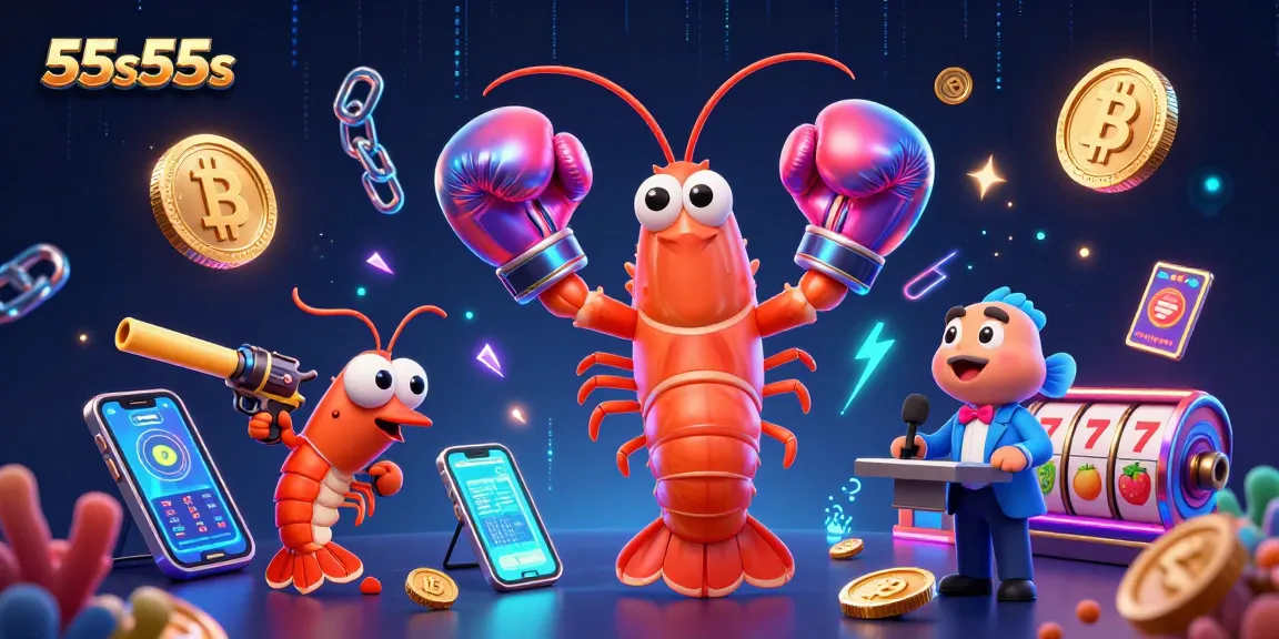 Ilustração 3D do 55s55s com camarão mantis em luvas de boxe e símbolos de caça ao tesouro.