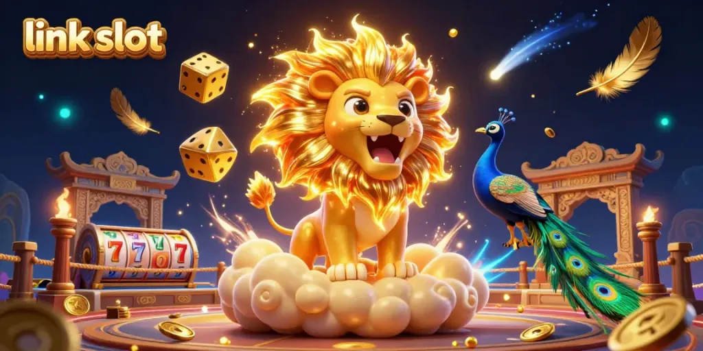 Engage with link slot on this vibrant 3D casino scene featuring a roaring lion and dynamic game elements.