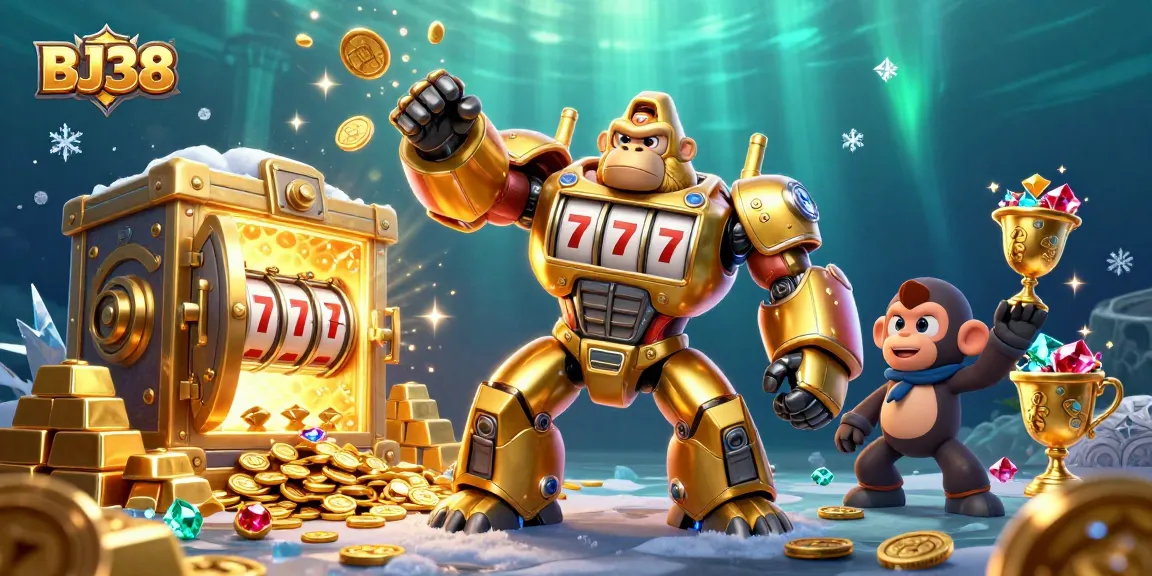 BJ38's golden gorilla mech emerges triumphantly surrounded by treasure and casino elements.