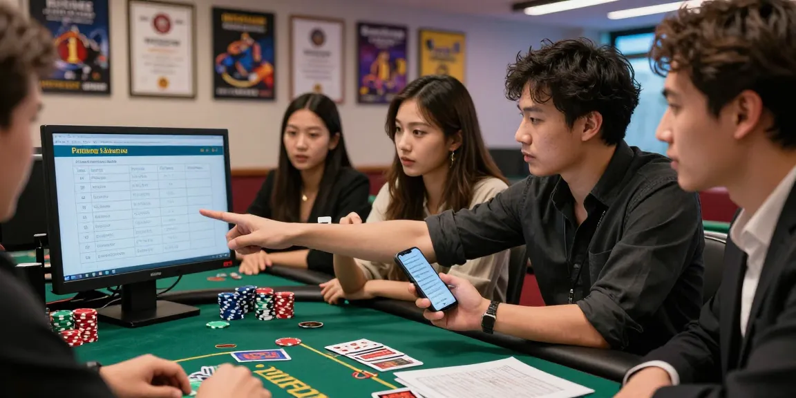 Group discussing 먹튀검증 strategies for online gambling safety with verification checklist and gaming materials.