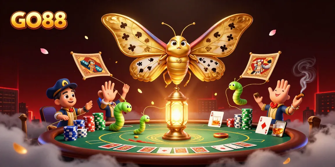 Experience thrilling GO88 casino action with a vibrant 3D illustration of poker and golden motifs.