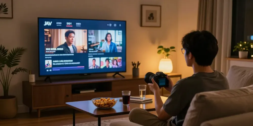 Person enjoying JAV subtitle Indonesia content in a cozy living room.