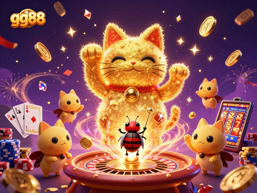 Experience thrilling moments at gg88 with a golden lucky cat and vibrant casino elements showering excitement.