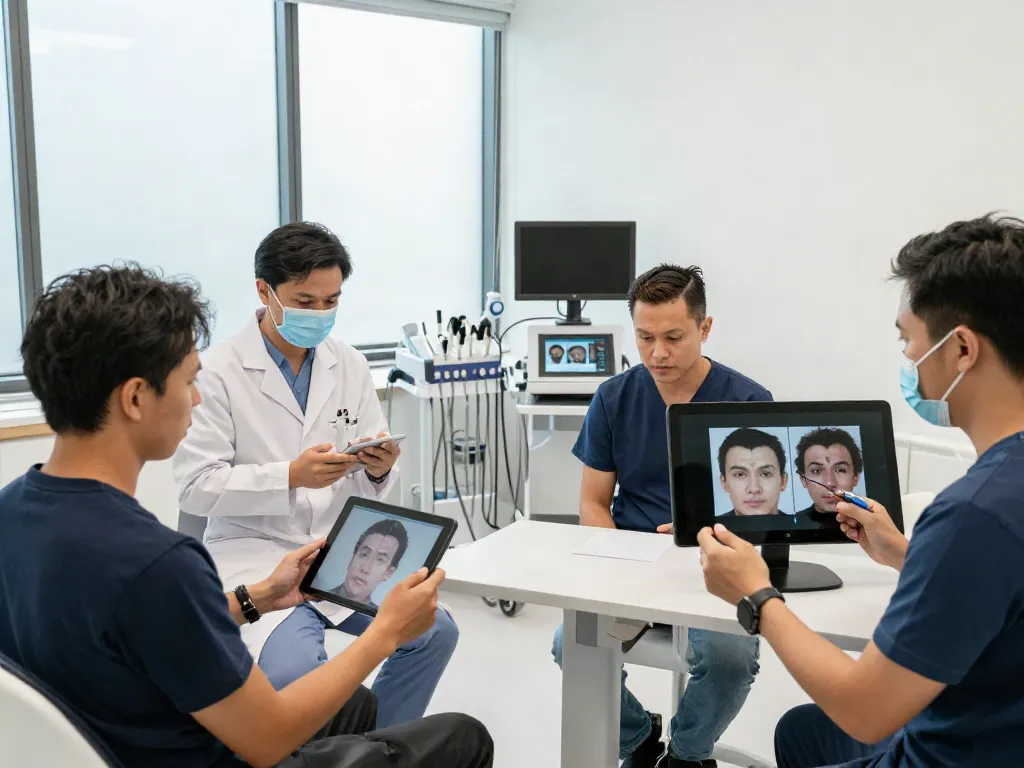 Hair transplant Malaysia consultation scene in a modern clinic, showcasing patients discussing options with doctors.