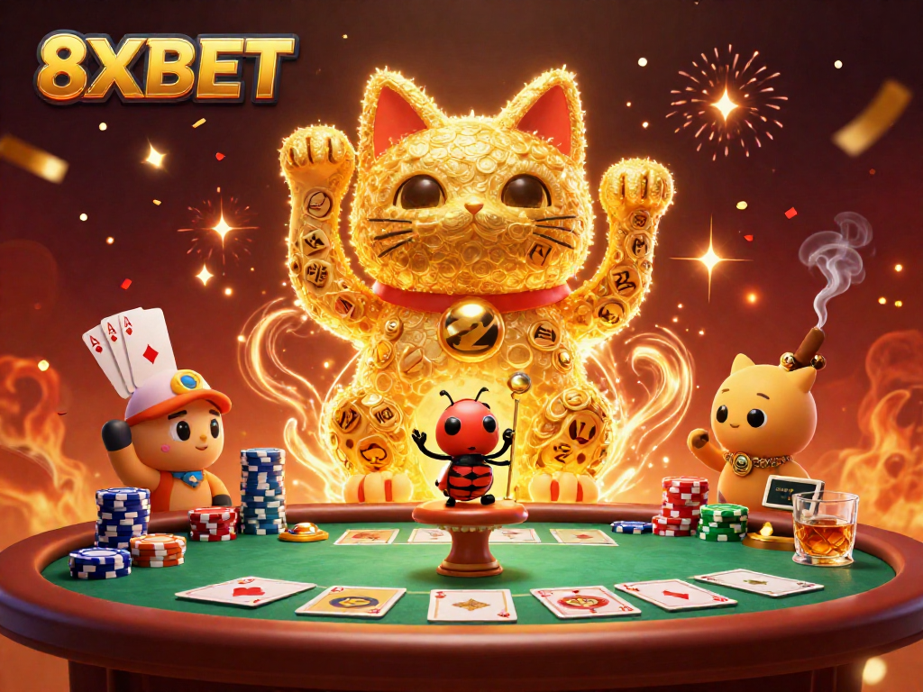 Experience the excitement of 8XBET with glowing lucky cat and poker elements in this vibrant scene.