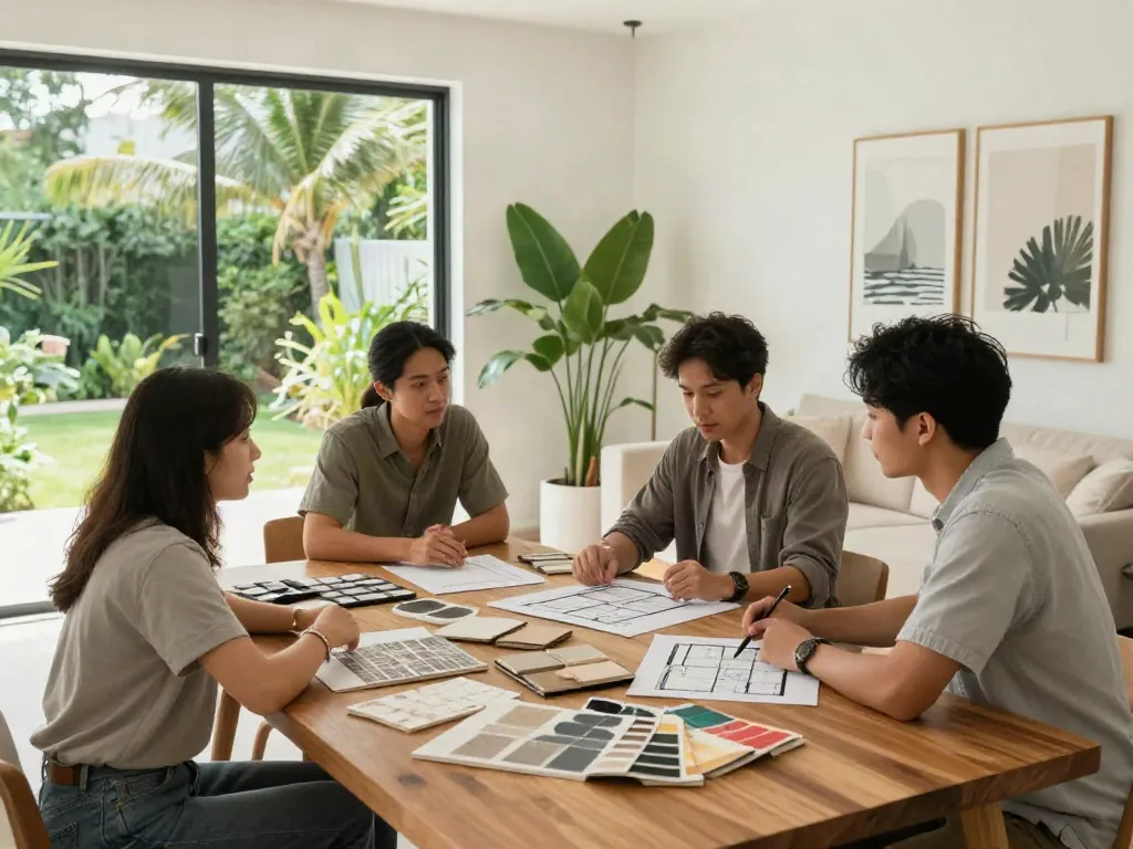 Coconut Grove remodeling design meeting with homeowners discussing plans and material samples.