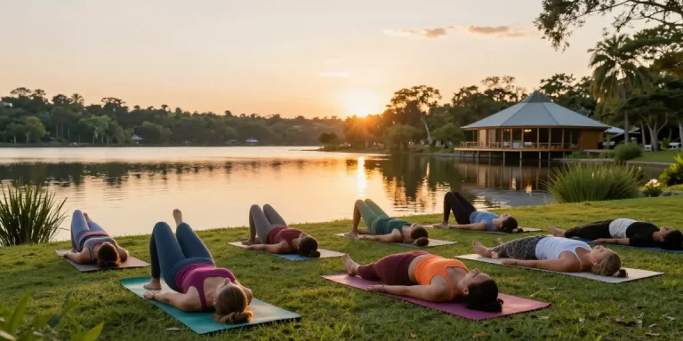 Discover yoga teacher training 2026 in a serene lakeside setting with students practicing poses in a tranquil atmosphere.