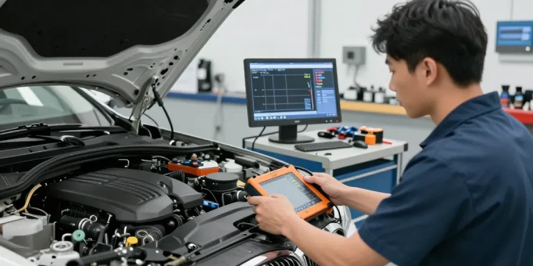 Qualifizierte Techniker in der BMW Werkstatt Hannover prüfen den Motor mit modernster Ausrüstung.