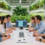 Team collaborating on cika4d indoor agriculture project, showcasing innovative designs, technology, and lush plants.