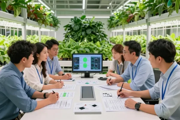 Team collaborating on cika4d indoor agriculture project, showcasing innovative designs, technology, and lush plants.