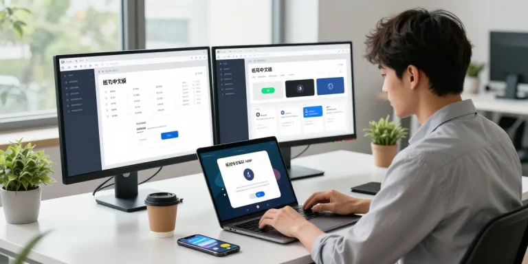 Professional using the 纸飞机中文版 app in a modern tech workspace with dual monitors.