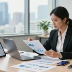 Businesswoman analyzing finances and cibc cmo login at modern office desk.