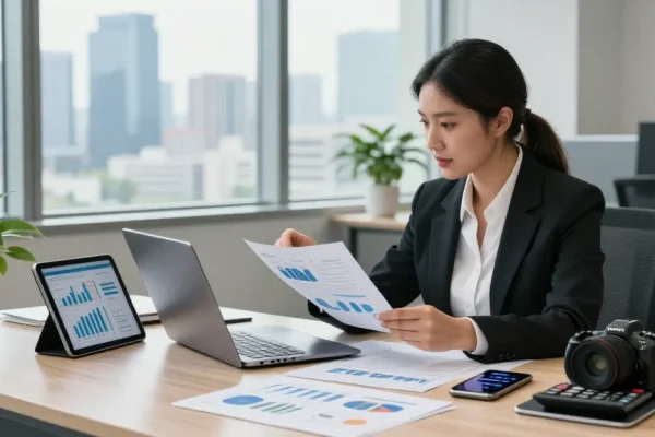 Businesswoman analyzing finances and cibc cmo login at modern office desk.