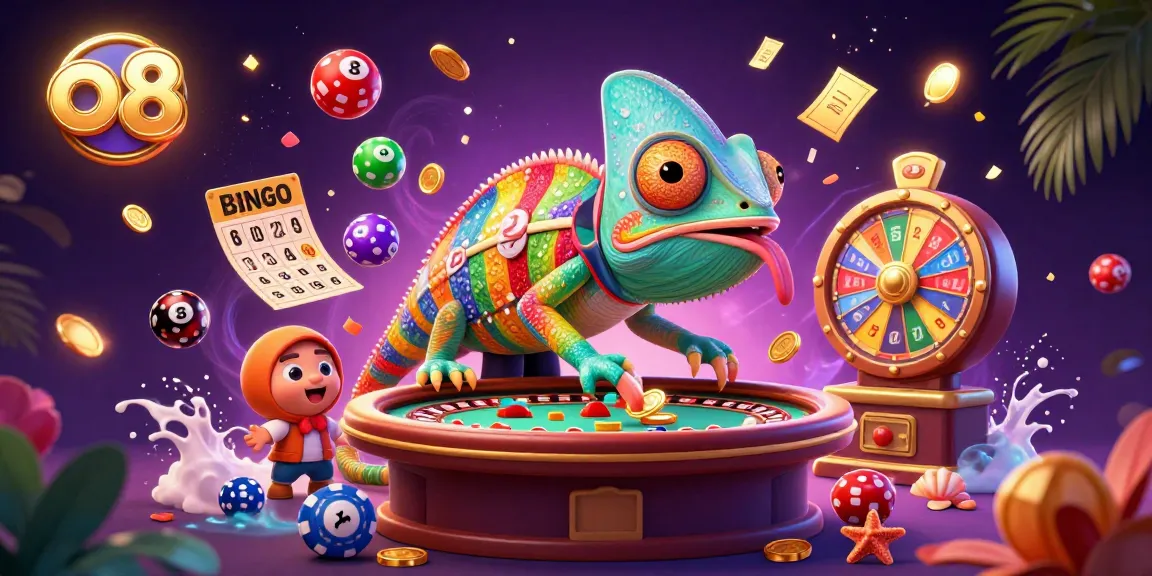 Experience vibrant gaming action at o8 with a dynamic chameleon casino owner amid lottery elements.