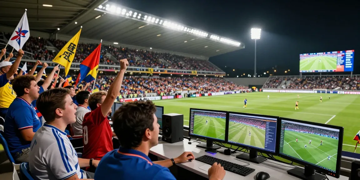 أجواء كورة لايف في ملعب كرة القدم مع مشجعين متحمسين cheering للفريق، ووضع الإضاءة الجذابة.