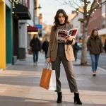 Consulenza di Personal shopping in un ambiente urbano, donna alla moda con borsa e smartphone.
