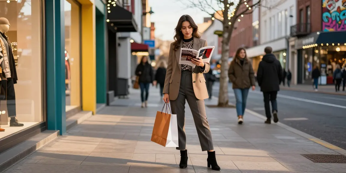 Consulenza di Personal shopping in un ambiente urbano, donna alla moda con borsa e smartphone.
