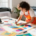 Artistic workspace featuring poster making machines with vibrant designs.