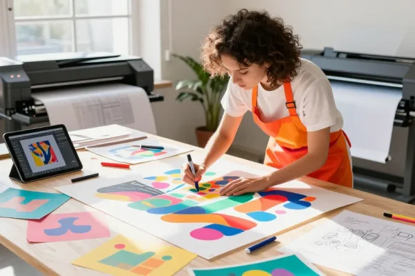Artistic workspace featuring poster making machines with vibrant designs.