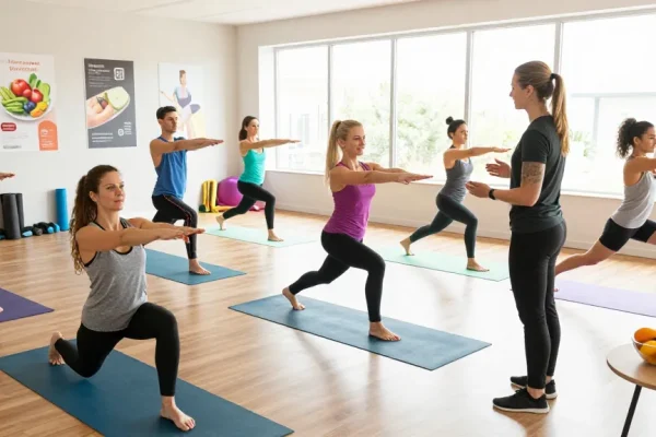 Group workout session at Rokok88 super's wellness studio promoting healthy lifestyles.