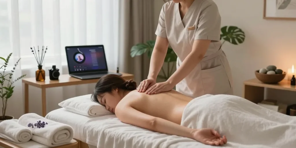 부천출장안마 professional massage therapy session in a tranquil studio with essential oils and soothing atmosphere.