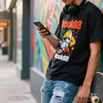 Stylish individual using the rokok88 app in a lively urban setting.
