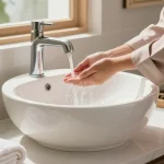 Wudu basin in a serene washroom setting, showcasing modern design and functionality.