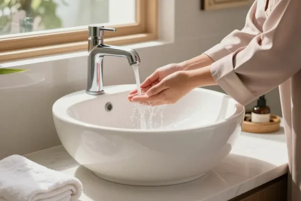 Wudu basin in a serene washroom setting, showcasing modern design and functionality.