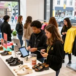 Diverse shoppers using Mulebuy spreadsheet in a stylish urban shopping space.