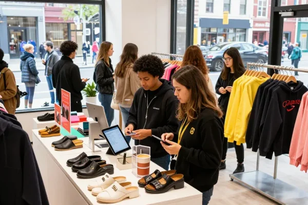 Diverse shoppers using Mulebuy spreadsheet in a stylish urban shopping space.