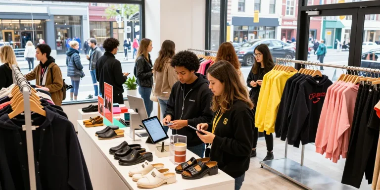 Diverse shoppers using Mulebuy spreadsheet in a stylish urban shopping space.