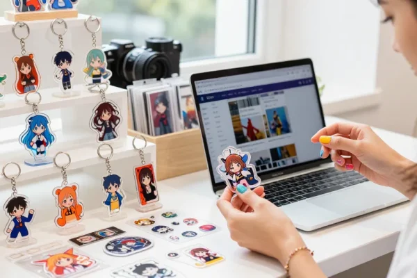 Custom acrylic keychain display in urban e-commerce setting, highlighting vibrant designs and user engagement.