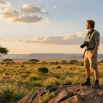 NAGA2000 traveler exploring Kidepo Valley National Park at sunset, equipped for wildlife photography.