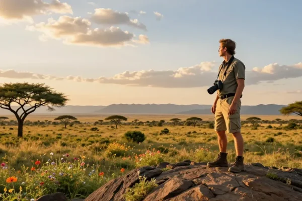 NAGA2000 traveler exploring Kidepo Valley National Park at sunset, equipped for wildlife photography.
