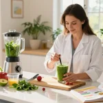 Nutritionist preparing a healthy smoothie, showcasing health tips in an inviting kitchen.