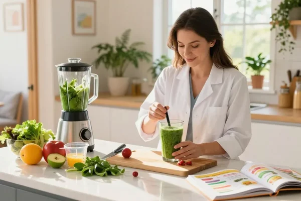 Nutritionist preparing a healthy smoothie, showcasing health tips in an inviting kitchen.
