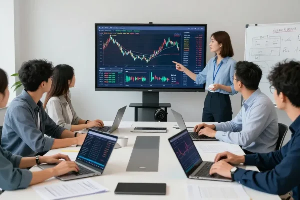 实时的AiCoin数据分析会议，展示技术分析师团队在现代办公室中协作，以提高加密货币交易的效能。