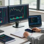 Trader using mt5 platform in a modern workspace with live market data and analysis tools.
