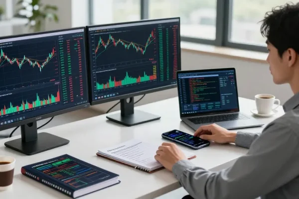 Trader using mt5 platform in a modern workspace with live market data and analysis tools.
