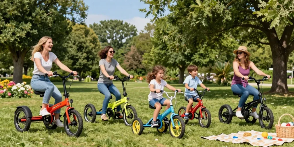 Families enjoying tricycles in a sunlit park, showcasing fun and active lifestyle.