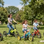 Families enjoying tricycles in a sunlit park, showcasing fun and active lifestyle.