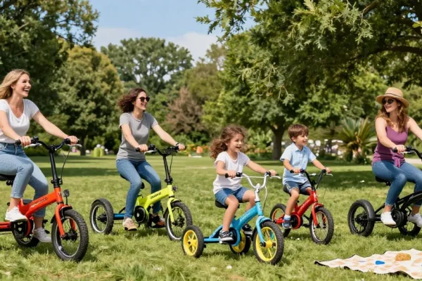 Families enjoying tricycles in a sunlit park, showcasing fun and active lifestyle.