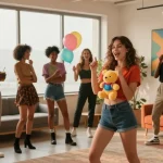 Dynamic scene showcasing diverse performers in سكس مصري themed studio, highlighting vibrant fashion and playful atmosphere.