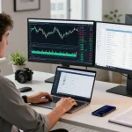 Focused trader using MetaTrader 4 in a modern home office, analyzing live forex charts and orders.