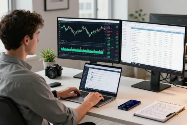 Focused trader using MetaTrader 4 in a modern home office, analyzing live forex charts and orders.