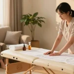 화곡동출장마사지 professional therapist preparing a cozy session at home with relaxing elements.