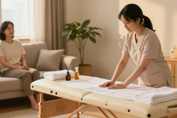 화곡동출장마사지 professional therapist preparing a cozy session at home with relaxing elements.