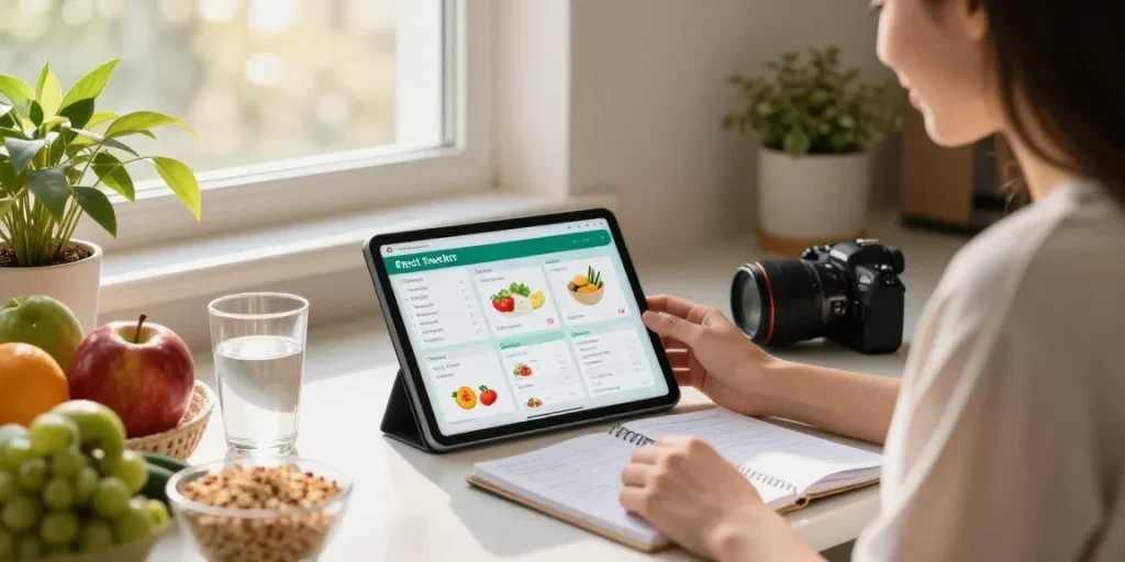 Choosing the best food tracking app in a bright kitchen filled with fresh ingredients and healthy living