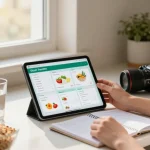 Choosing the best food tracking app in a bright kitchen filled with fresh ingredients and healthy living