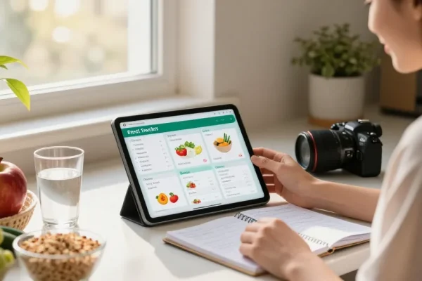 Choosing the best food tracking app in a bright kitchen filled with fresh ingredients and healthy living